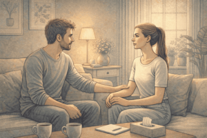 An illustration of two people sitting together having a supportive conversation, with soft, warm lighting and calming colors, representing open communication about mental health.