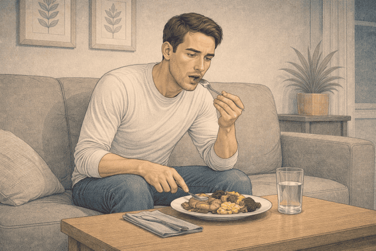 Man with bipolar disorder maintaining daily routines while living independently at home.