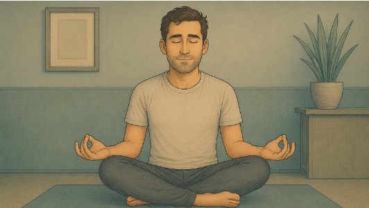 Man demonstrating the 4-7-8 breathing technique to calm his nervous system and stop anxiety-induced shivering.