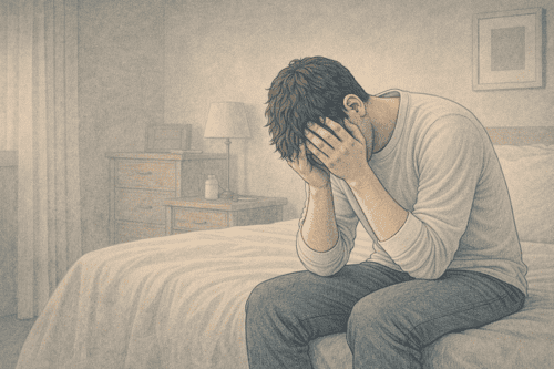 A man sits hunched on a bed with his face in his hands, expressing extreme sadness, a symptom of Bipolar disorder.