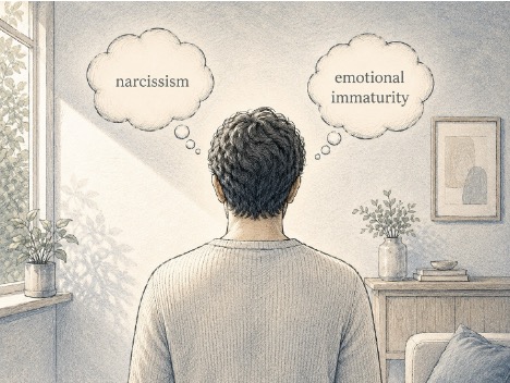 Person weighs narcissism against emotional immaturity in quiet reflection