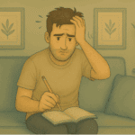 Man struggling to maintain focus while writing, illustrating how ADHD affects concentration even during simple tasks.