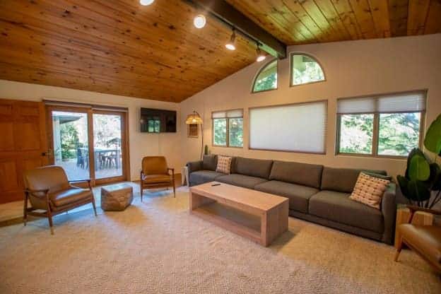 Modern living room with wood ceiling | AMFM Treatment