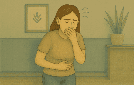 Woman holding stomach and covering mouth while experiencing digestive discomfort that could indicate either anxiety or medical nausea.