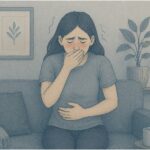 Woman experiencing stomach discomfort while learning to distinguish between anxiety-induced nausea and medical nausea.
