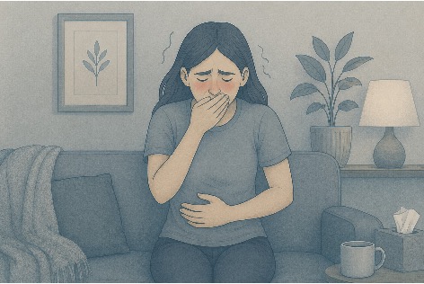 Woman experiencing stomach discomfort while learning to distinguish between anxiety-induced nausea and medical nausea.