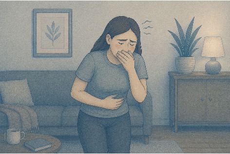 Woman experiencing digestive discomfort that could indicate either anxiety or medical nausea.