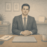 Man at perfectly organized desk appearing emotionally detached while working, illustrating how PTSD symptoms can hide behind professional success.