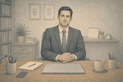 Man at perfectly organized desk appearing emotionally detached while working, illustrating how PTSD symptoms can hide behind professional success.