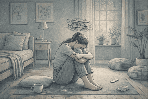 Woman experiencing paranoid thoughts and anxiety during a bipolar episode, illustrated by worried scribbles representing intrusive fears.