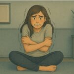 Woman experiencing physical trembling and shivering as a symptom of anxiety disorder.