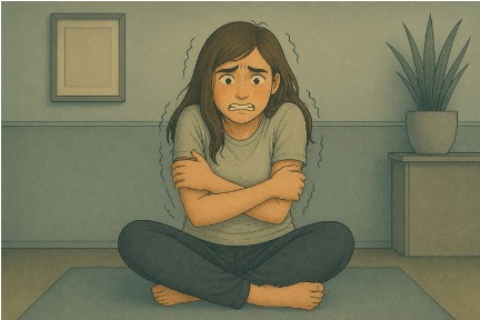 Woman experiencing physical trembling and shivering as a symptom of anxiety disorder.