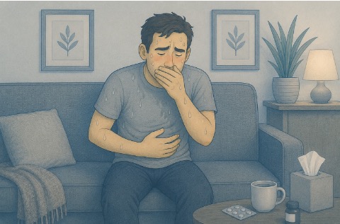 Man experiencing physical discomfort with sweating as part of physical anxiety symptoms.