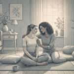 Person experiencing bipolar paranoia receiving emotional support from a trusted friend in a calm home environment.