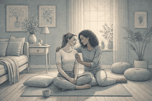 Person experiencing bipolar paranoia receiving emotional support from a trusted friend in a calm home environment.