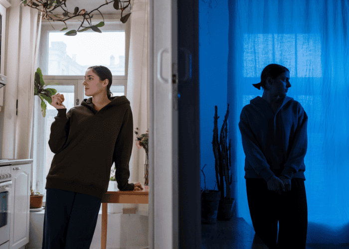 Woman with psychotic disorder split into two different realities, in need of psychotic disorder treatment