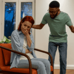 Man shouting at woman while she sits with her hand over her mouth, in need of psychological abuse trauma treatment