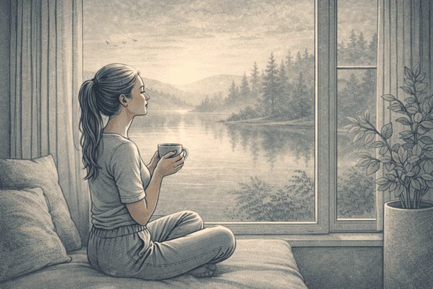 An illustration of a person sitting peacefully with a cup of tea, looking out a window at a calm nature scene, representing inner peace and emotional regulation.
