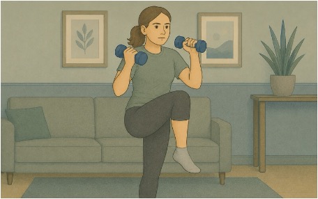 Woman using physical movement exercises at home to release pent-up anxiety energy and reduce trembling.