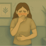 Woman experiencing stomach discomfort while learning to distinguish between anxiety-induced nausea and medical nausea.