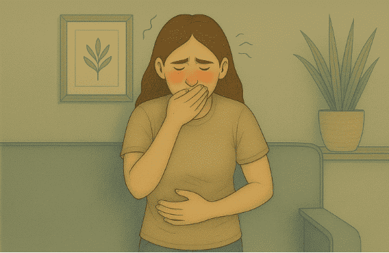 Woman experiencing stomach discomfort while learning to distinguish between anxiety-induced nausea and medical nausea.
