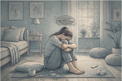 Woman experiencing paranoid thoughts and anxiety during a bipolar episode
