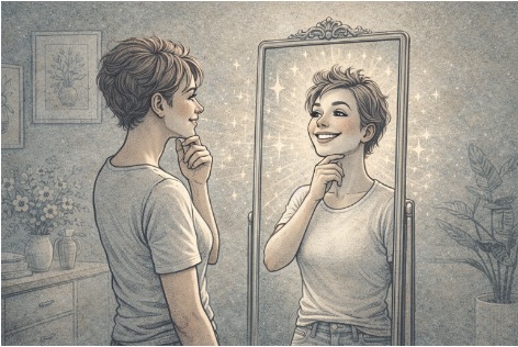 An illustration of a person looking admiringly at their own exaggerated reflection in a mirror.