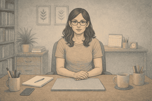 Woman at meticulously organized workspace demonstrating perfectionism as a trauma response.