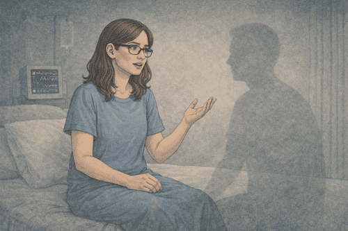 Woman with schizophrenia experiencing hallucinations in a treatment setting, illustrating the broader symptom profile beyond religious content.