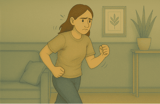 Woman pacing in her living room, displaying the persistent physical restlessness characteristic of ADHD.