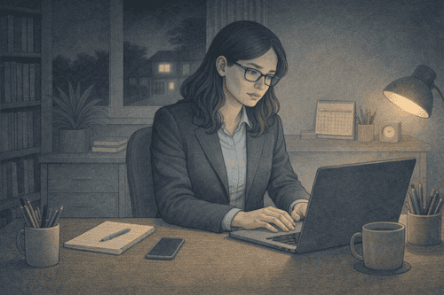 Woman working late at night on laptop, illustrating avoidance behaviors through overwork.