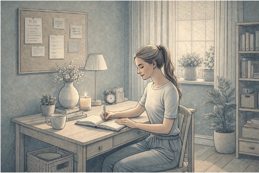 Person practicing self-care through journaling to manage bipolar paranoia symptoms and maintain mental health stability.