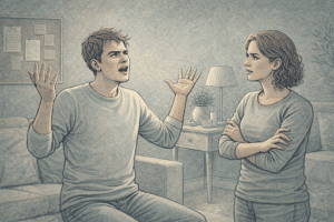 An illustration of a grown person throwing up their hands in frustration during a minor disagreement.