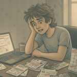 A stressed individual reviewing bills, illustrating the financial instability often caused by ASPD.