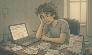 A stressed individual reviewing bills, illustrating the financial instability often caused by ASPD.