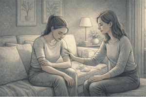 Person struggling with self-harm receiving compassionate emotional support from a trusted friend in a calm, private home environment, both sitting together in conversation.