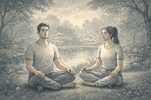 A man whose partner is overstimulated, practicing slow, deep breathing exercises, eyes closed, with relaxed postures and a peaceful, natural backdrop.