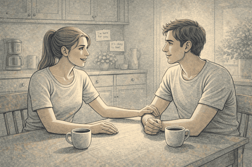 Couple having a calm, supportive conversation at a kitchen table, with one partner listening attentively and the other speaking openly, reflecting healthy communication strategies for relationships affected by AvPD.