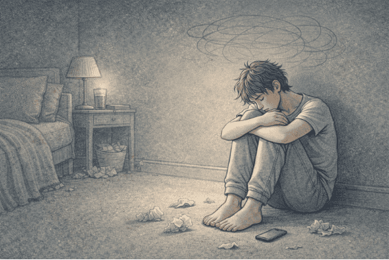Young person sitting alone experiencing emotional distress and feelings that lead to self-harm behaviors.