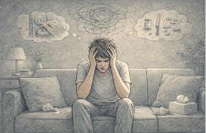 Distressed man with overwhelming intrusive thoughts