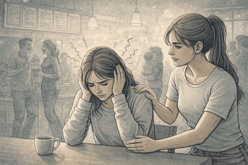 A young woman who is overstimulated, sitting and covering her ears with her hands, while a supportive friend places a gentle hand on her shoulder.