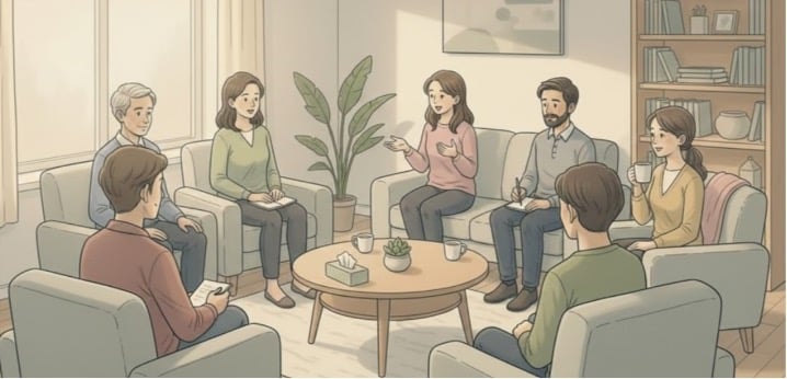 Group therapy session with seven people sitting in a circle on couches in a cozy room.