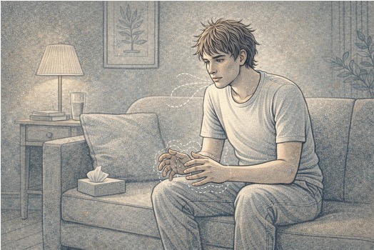 Person showing visible signs of a PTSD attack, including rapid breathing, trembling hands, and a distant expression