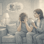 Person experiencing a PTSD attack receiving calm, supportive presence from a trusted companion in a safe home environment.