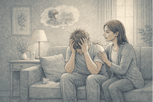 Person experiencing a PTSD attack receiving calm, supportive presence from a trusted companion in a safe home environment.