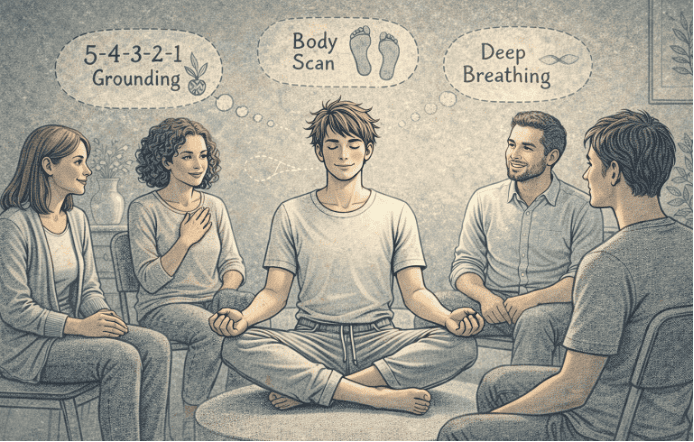 Person practicing mindfulness and grounding techniques while surrounded by supportive friends in a group therapy setting, demonstrating healthy relationship diversification.