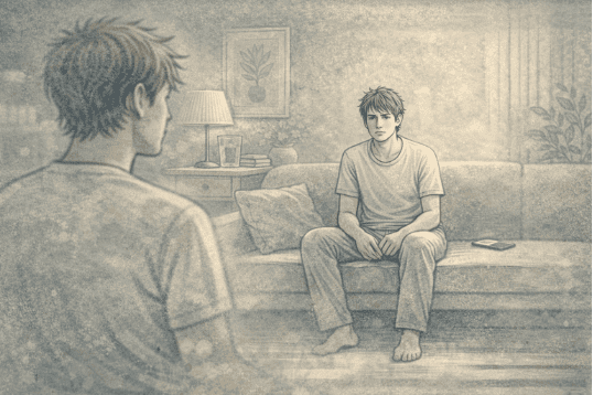 Person experiencing depersonalization during a dissociative episode, appearing to observe themselves from outside their body with a glazed, disconnected expression in a blurred environment.