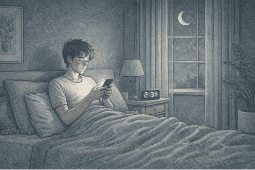 Illustration of a teenager using a phone in bed late at night with a clock showing 2:34 and a crescent moon outside.