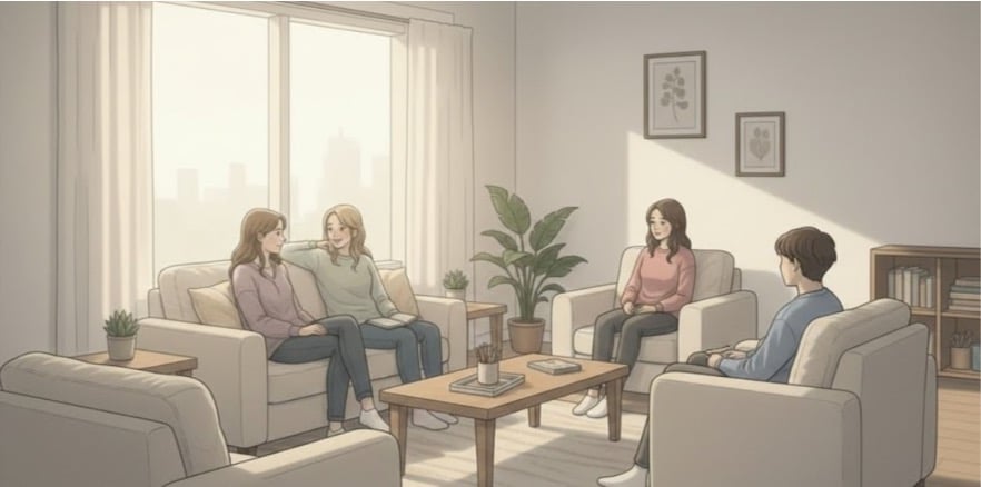 Group support session fostering connection and reducing isolation for mental health recovery.