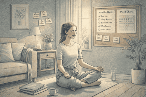 Person sitting peacefully in a comfortable home environment, reflecting on their mental health progress while maintaining emotional balance through non-medication management strategies.
